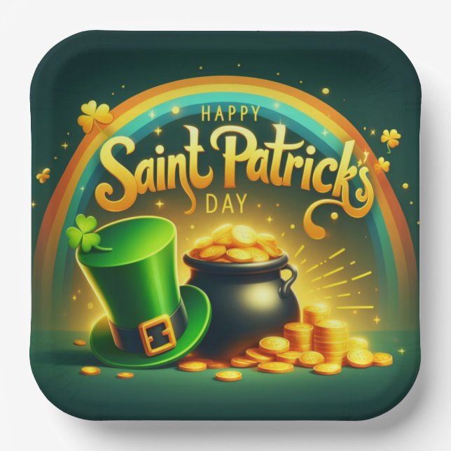 Farbenfrohe Regenbogengold St. Patrick's Day Pappteller (Vorderseite)