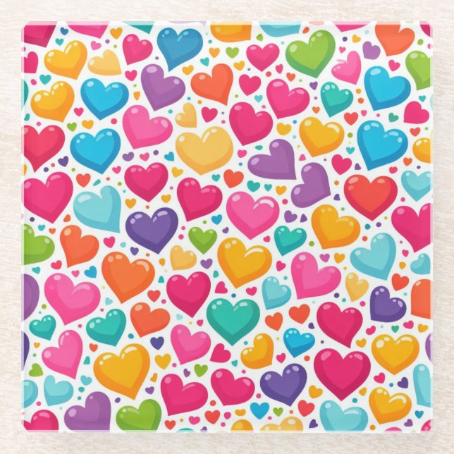 Farbenfrohe Regenbogenherzen Valentines Glasuntersetzer (Vorderseite)