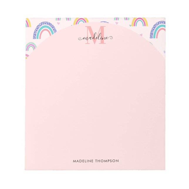Farbenfrohe Regenbogenhöre Girly Pink Monogram Notizblock (Vorderseite)