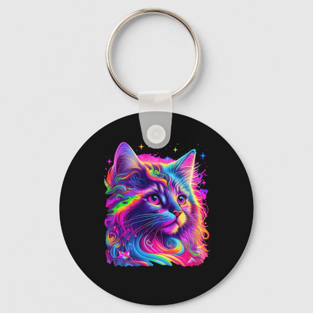Farbenfrohe Regenbogenkatze Grafik Schlüsselanhänger (Vorderseite)