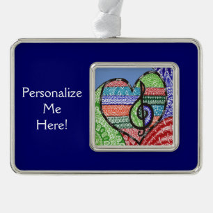 Farbenfrohe Regenbogenmusik Herz Doodle Personalis Rahmen-Ornament Silber