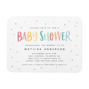 Farbenfrohe Regenbogenpolka Dot Baby Dusche Einlad Magnet