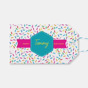 Farbenfrohe Regenbogensprinklen Geburtstagsparty Geschenkanhänger