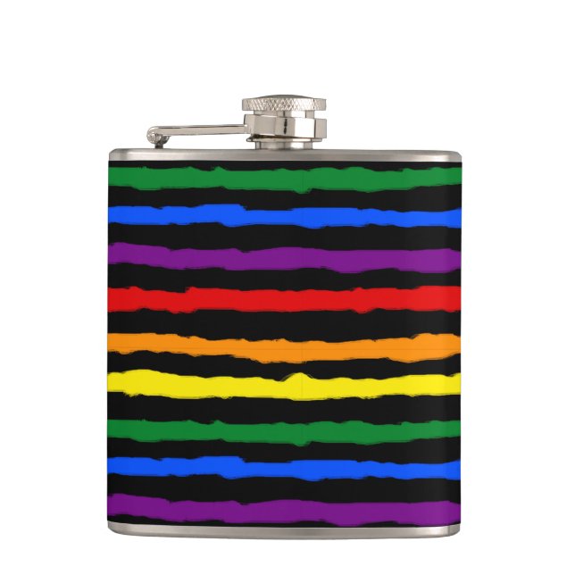 Farbenfrohe Regenbogenstreifen auf Custom Black Flachmann (Vorderseite)