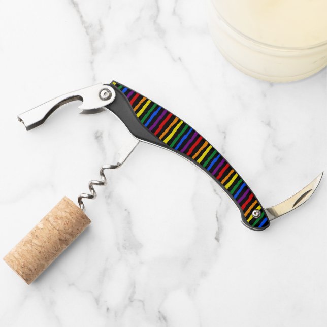 Farbenfrohe Regenbogenstreifen auf Custom Black Kellnermesser (Vorderseite)