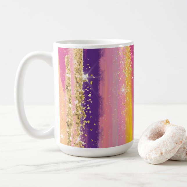 Farbenfrohe Regenbogenstreifen mit Imitaten Gold G Kaffeetasse (Mit Donut)