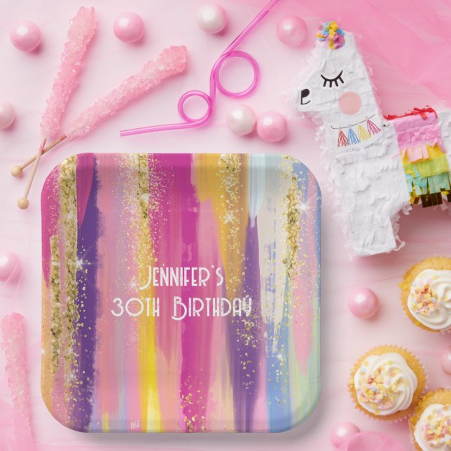 Farbenfrohe Regenbogenstreifen mit Imitaten Gold G Pappteller (Party)