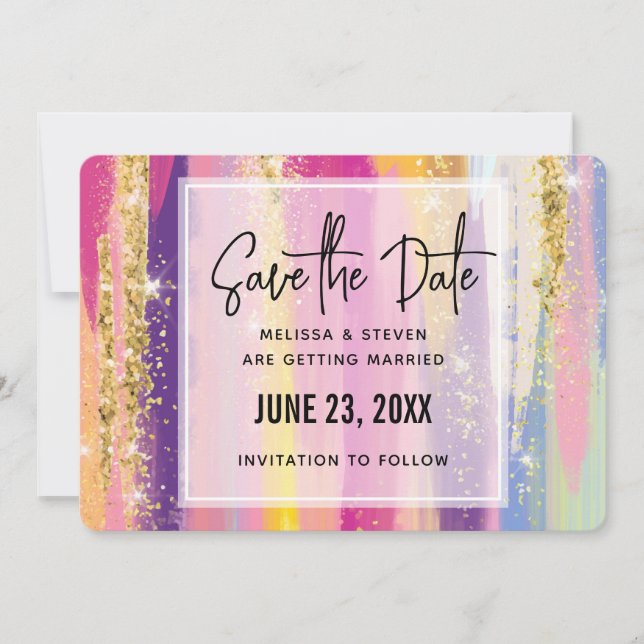 Farbenfrohe Regenbogenstreifen mit Imitaten Gold G Save The Date (Vorderseite)