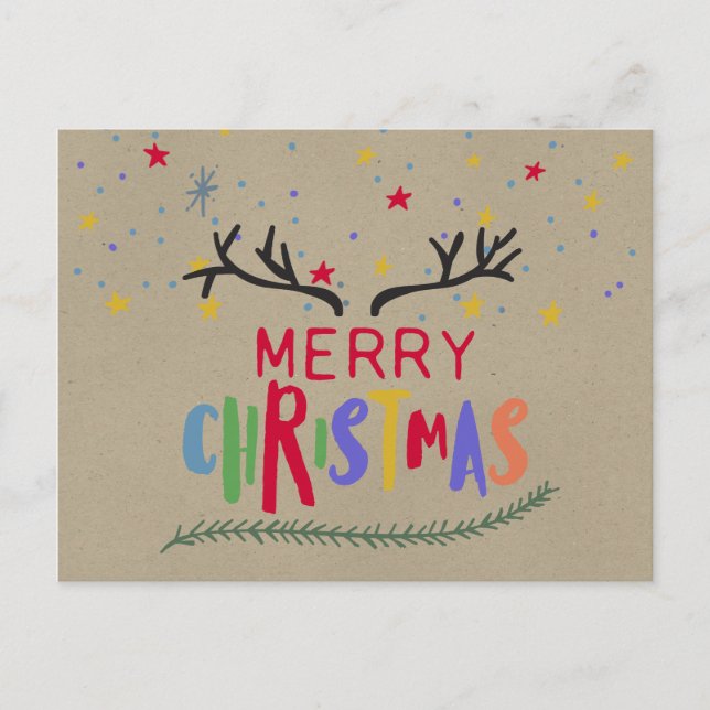 Farbenfrohe Reindeer Antlers & Stars Frohe Weihnac Postkarte (Vorderseite)