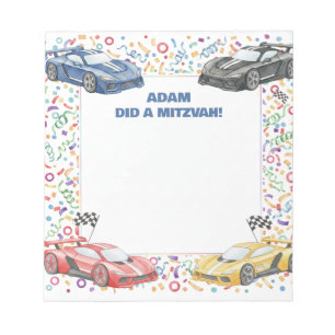 Farbenfrohe Rennwagen Personalisiert Mitzvah Notizblock