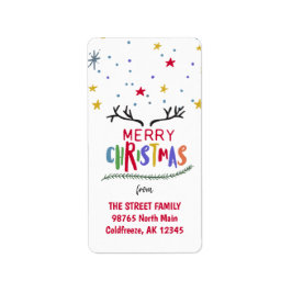 Farbenfrohe Rentier Antler und Sterne Frohe Weihna Adressaufkleber