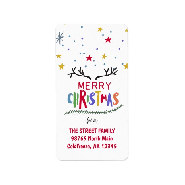 Farbenfrohe Rentier Antler und Sterne Frohe Weihna Adressaufkleber (Vorne)