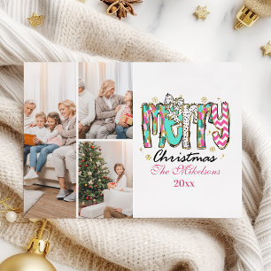 Farbenfrohe Retro-3-Foto-Frohe-Weihnachten Feiertagskarte
