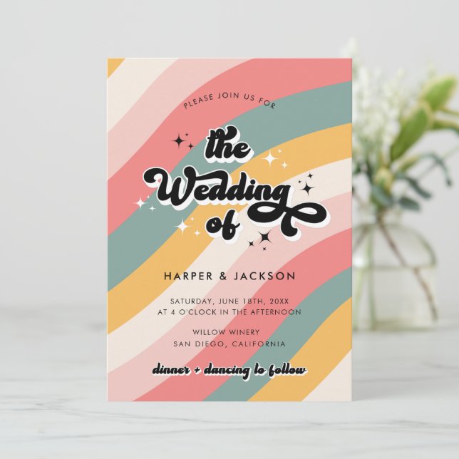 Farbenfrohe Retro-70er-Hochzeit Einladung (Stehend Vorderseite)