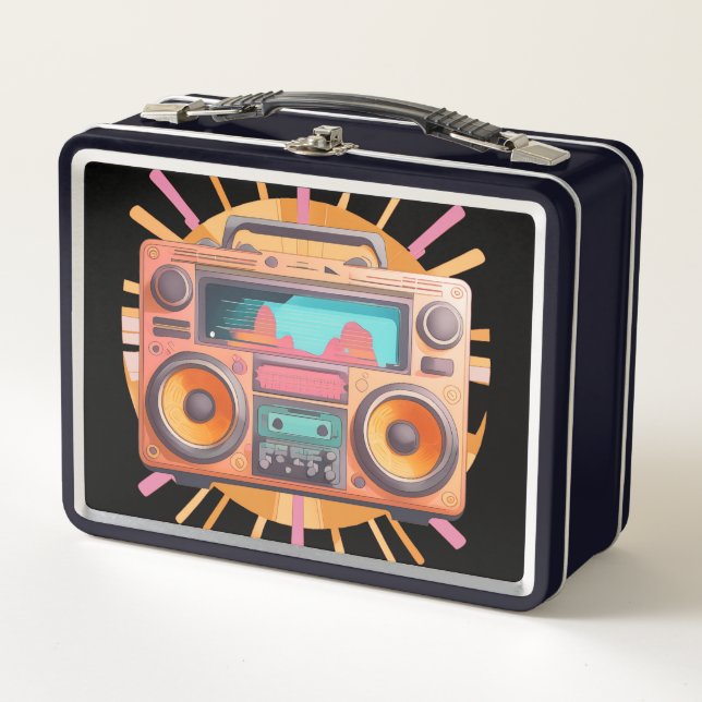 Farbenfrohe Retro-80er-Boombox mit Sonnenaufgang i Metall Brotdose (Vorderseite)