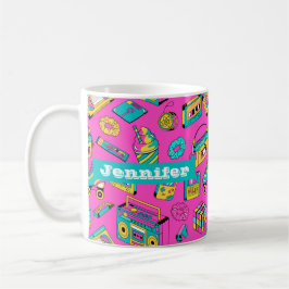 Farbenfrohe Retro-80er Girly Neon Pink-Muster Name Kaffeetasse