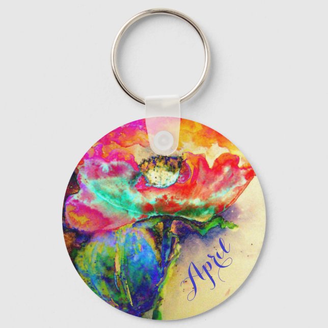 Farbenfrohe Retro Abstrakte Mohnwasserfarbe Schlüsselanhänger (Vorderseite)