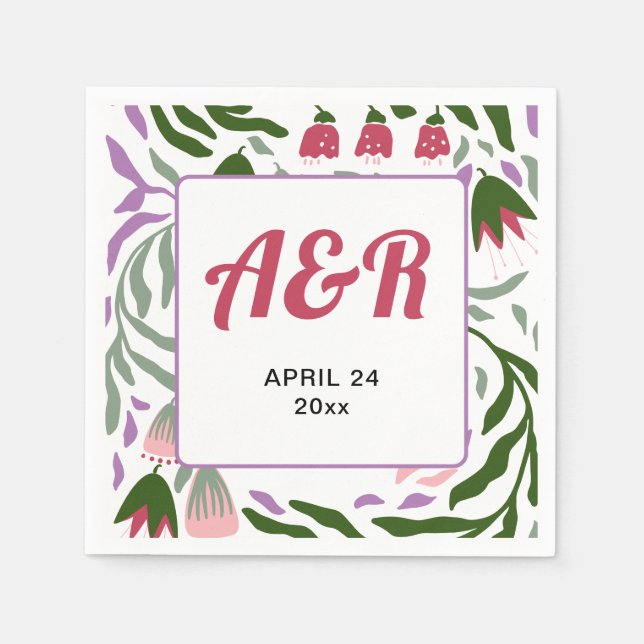 Farbenfrohe Retro-Äste mit Blume Hochzeit Serviette (Vorderseite)