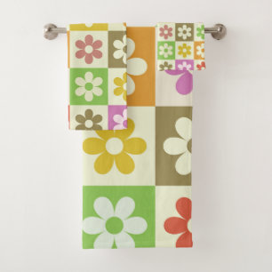 Farbenfrohe Retro-Blume auf Prüfplatine-Muster Badhandtuch Set