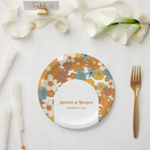 Farbenfrohe Retro-Blume der 60er 70er Jahre Pappteller