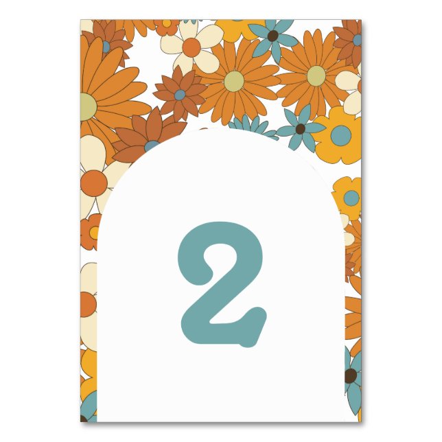 Farbenfrohe Retro-Blume der 60er 70er Jahre Tischnummer (Vorderseite)