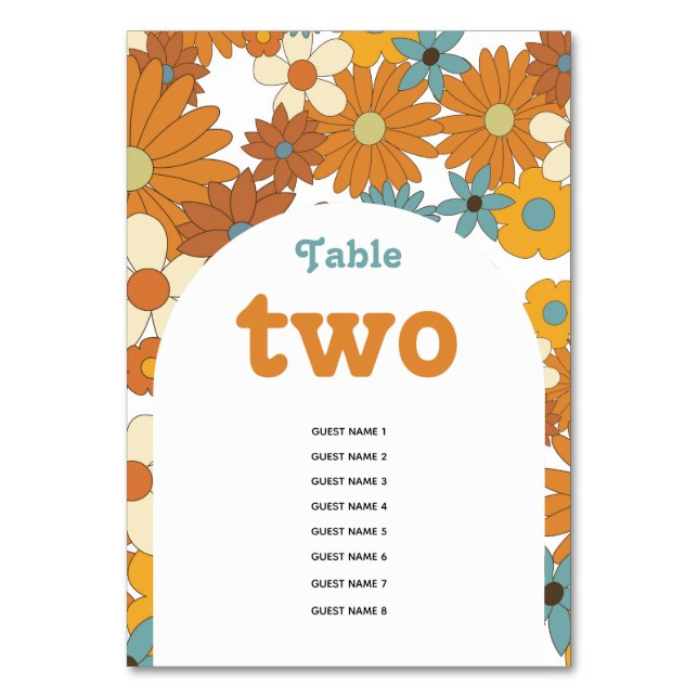 Farbenfrohe Retro-Blume der 60er 70er Jahre Tischnummer (Vorderseite)