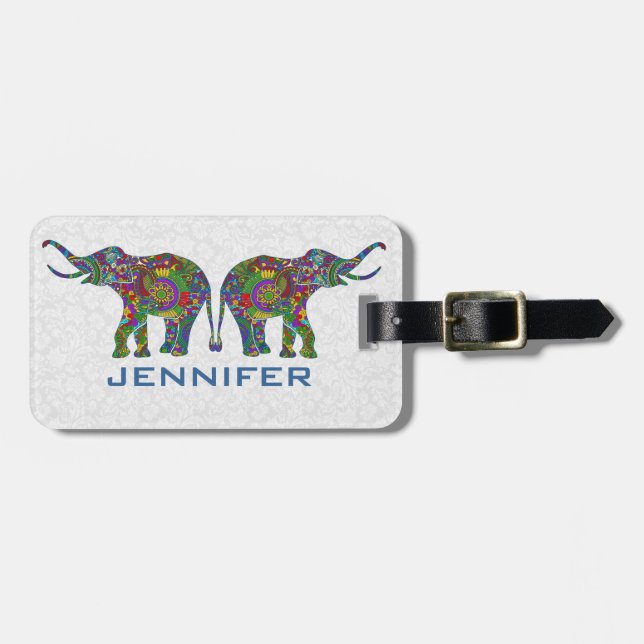 Farbenfrohe Retro-Blume Elephant 3c-Design Gepäckanhänger (Vorderseite horizontal)