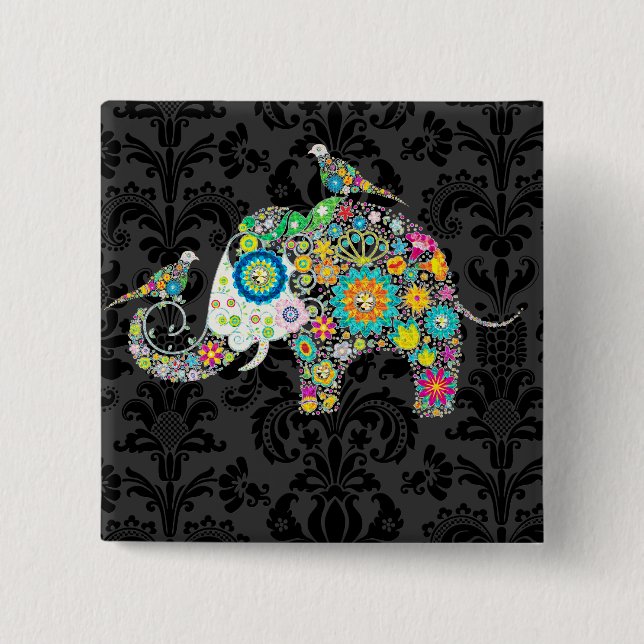 Farbenfrohe Retro-Blumen-Elefant & Vögel Button (Vorderseite)