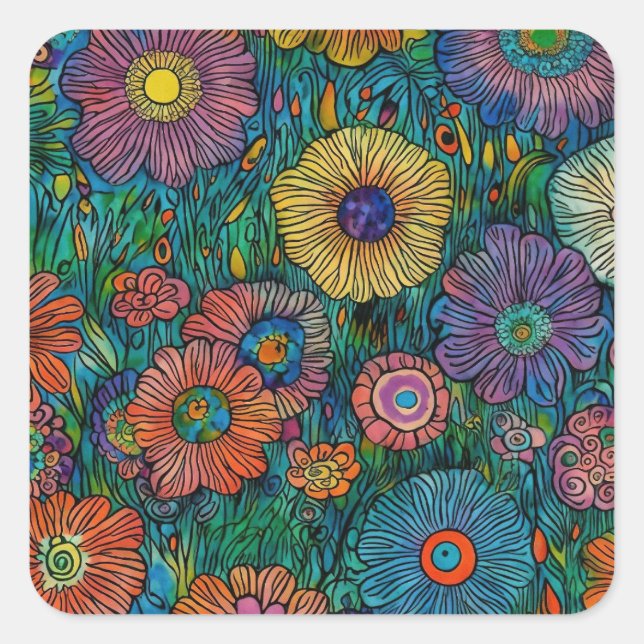 Farbenfrohe Retro Blumengarten Quadratischer Aufkleber (Vorderseite)