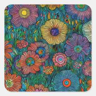 Farbenfrohe Retro Blumengarten Quadratischer Aufkleber