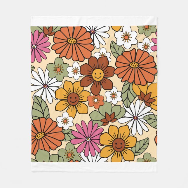 Farbenfrohe Retro-Blumenmuster im 70er-Stil. Vinta Fleecedecke (Vorderseite)