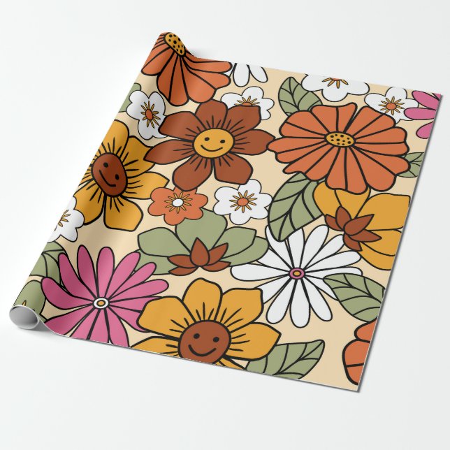 Farbenfrohe Retro-Blumenmuster im 70er-Stil. Vinta Geschenkpapier (Ungerollt)