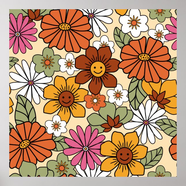 Farbenfrohe Retro-Blumenmuster im 70er-Stil. Vinta Poster (Vorne)