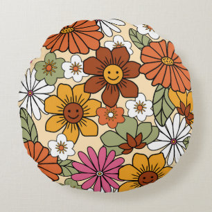 Farbenfrohe Retro-Blumenmuster im 70er-Stil. Vinta Rundes Kissen