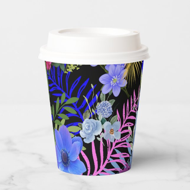 Farbenfrohe Retro-Blumenzange Pappbecher (Vorderseite)