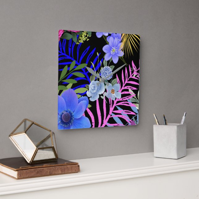 Farbenfrohe Retro-Blumenzange Quadratische Wanduhr (Büro)