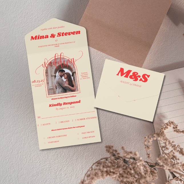 Farbenfrohe Retro-Bogen Foto Hochzeit All In One Einladung (Von Creator hochgeladen)