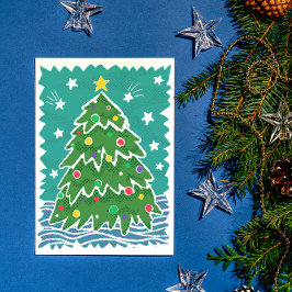 Farbenfrohe Retro Briefmarke Stil Weihnachtsbaum Feiertagskarte