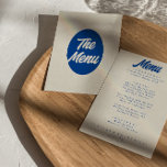 Farbenfrohe Retro Bright Funky Moderne Abendessen  Menükarte<br><div class="desc">Ein buntes Retro funky modernes helles Abendmenü. Das Design ist schick,  Vintag beige und milchig,  blau und Vintag fett in blau. Die perfekte und leicht zu bearbeitende Speisekarte,  die mit der ganzen Suite übereinstimmt.</div>