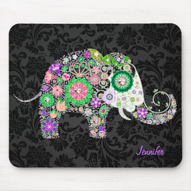 Farbenfrohe Retro-Flora-Elefanten & Diamanten 3 Mousepad (Vorne)