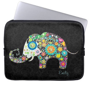 Farbenfrohe Retro Floral Elefant Laptopschutzhülle