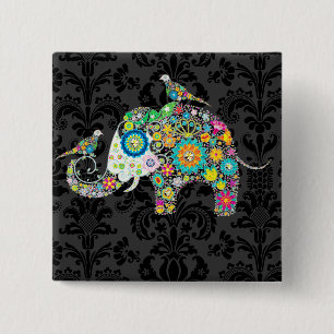 Farbenfrohe Retro Floral Elefant & Vögel Button