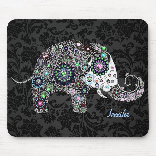 Farbenfrohe Retro Floral Elefanten & Diamanten 2 Mousepad (Vorne)