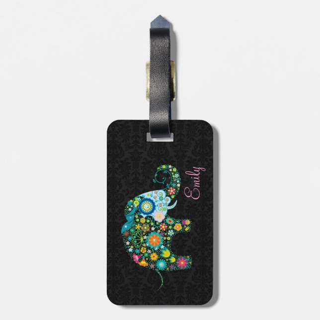 Farbenfrohe Retro Floral Elephant Black Damaskus Gepäckanhänger (Rückseite vertikal)