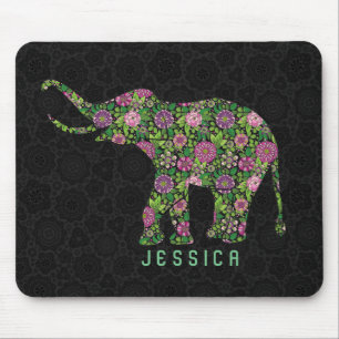 Farbenfrohe Retro Floral Elephant monogramiert Mousepad