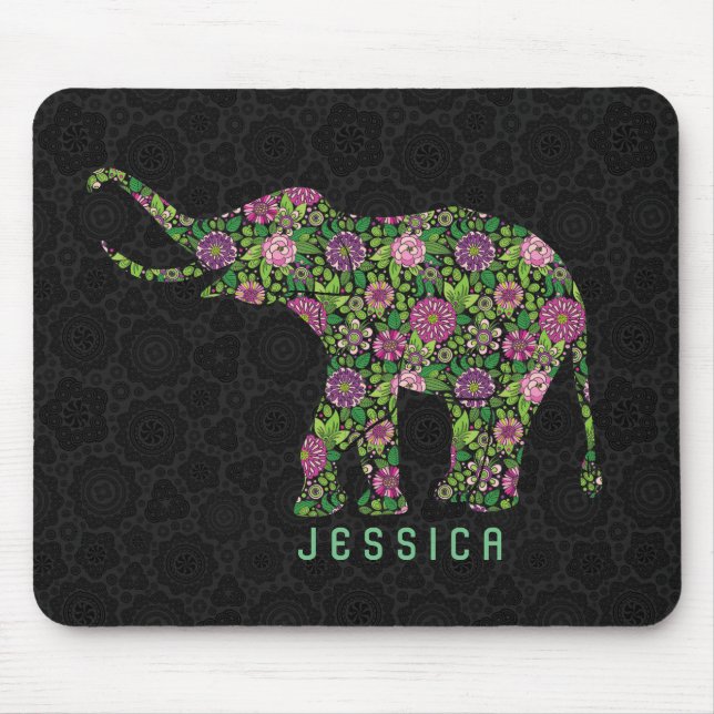 Farbenfrohe Retro Floral Elephant monogramiert Mousepad (Vorne)