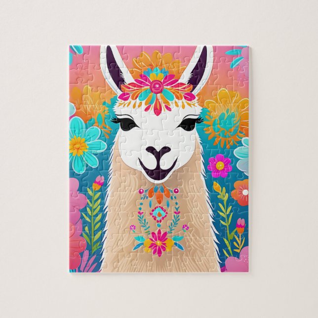 Farbenfrohe Retro Floral Llama Jigsaw Puzzle (Vertikal)