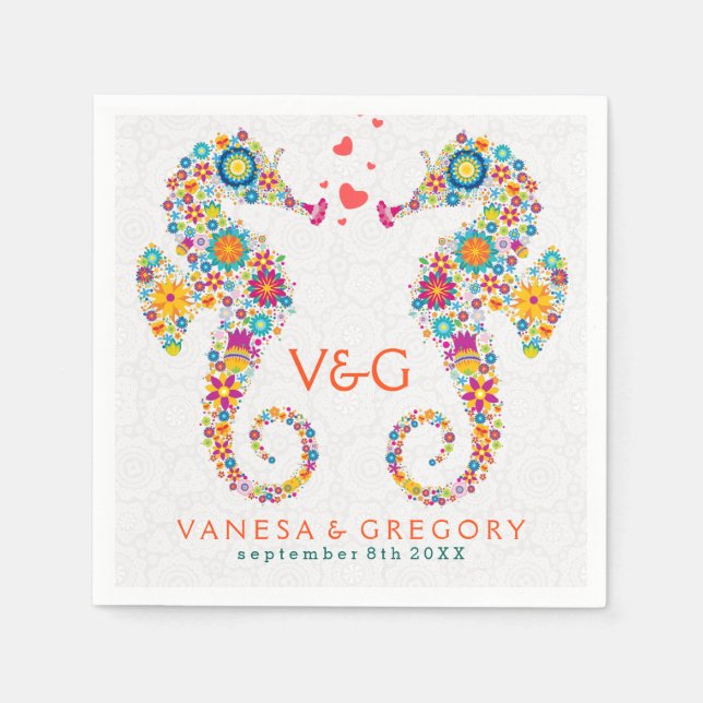 Farbenfrohe Retro Floral Sea Pferde Serviette (Vorderseite)