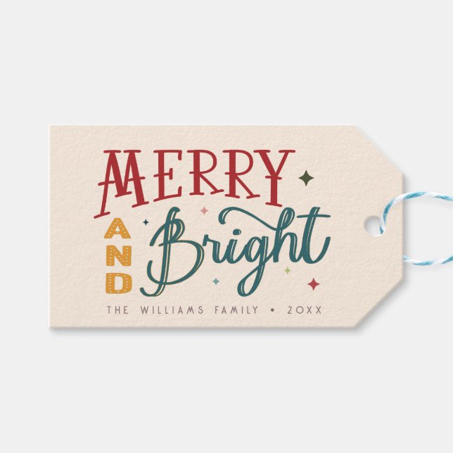 Farbenfrohe Retro Frohe und helle Weihnachten Geschenkanhänger (Vorderseite (Horizontal))