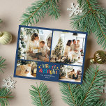 Farbenfrohe Retro Fröhlich und hell 4 Foto Weihnac Feiertagspostkarte<br><div class="desc">Ein fröhliches und helles Weihnachten! Senden Sie Ihren Urlaub Grüße an Ihre Freunde und Liebsten mit dieser bunten Retro-Stil Weihnachtskarte in blau Hintergrund. Diese Karte enthält vier hübsche Fotos Ihrer Familie und einen Text, den Sie personalisieren können. (Foto von Elina Fairytale auf Pexels. Bitte ersetzen Sie es mit Ihrem eigenen.)...</div>